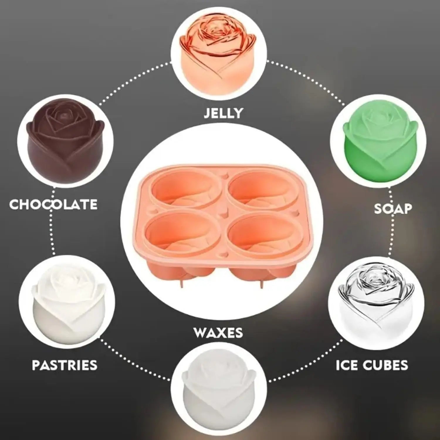 3D Rose Ice Cube Molds,Food Grade Silicone,4 Cavities Per Tray,Fun Shaped Frozen Tray,Slow Melting Ice for Whiskey,Cocktails