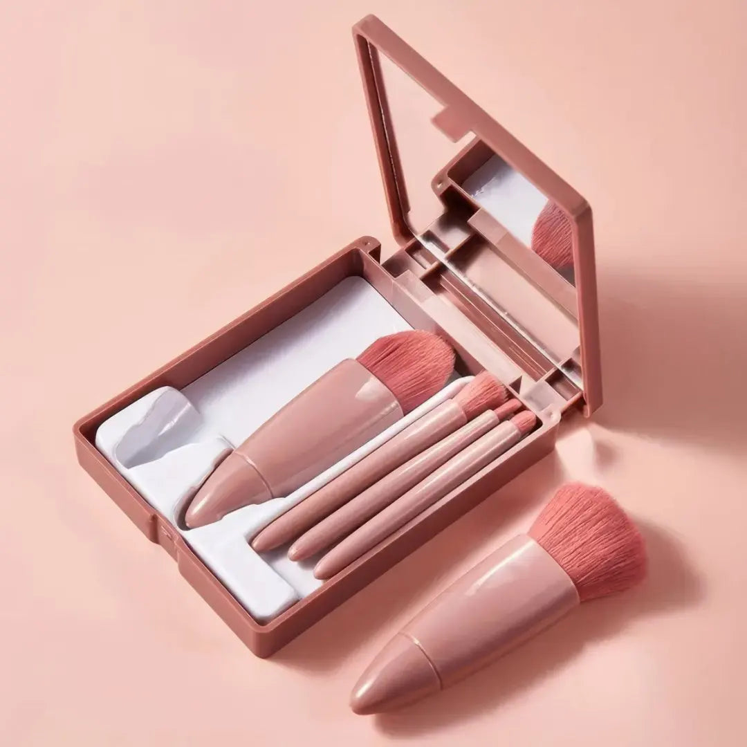 Easy-taken Travel Makeup Brush Set, COSHINE 5pcs Mini Complete Function Cosmetic Brushes Kit (5pcs with mirror)