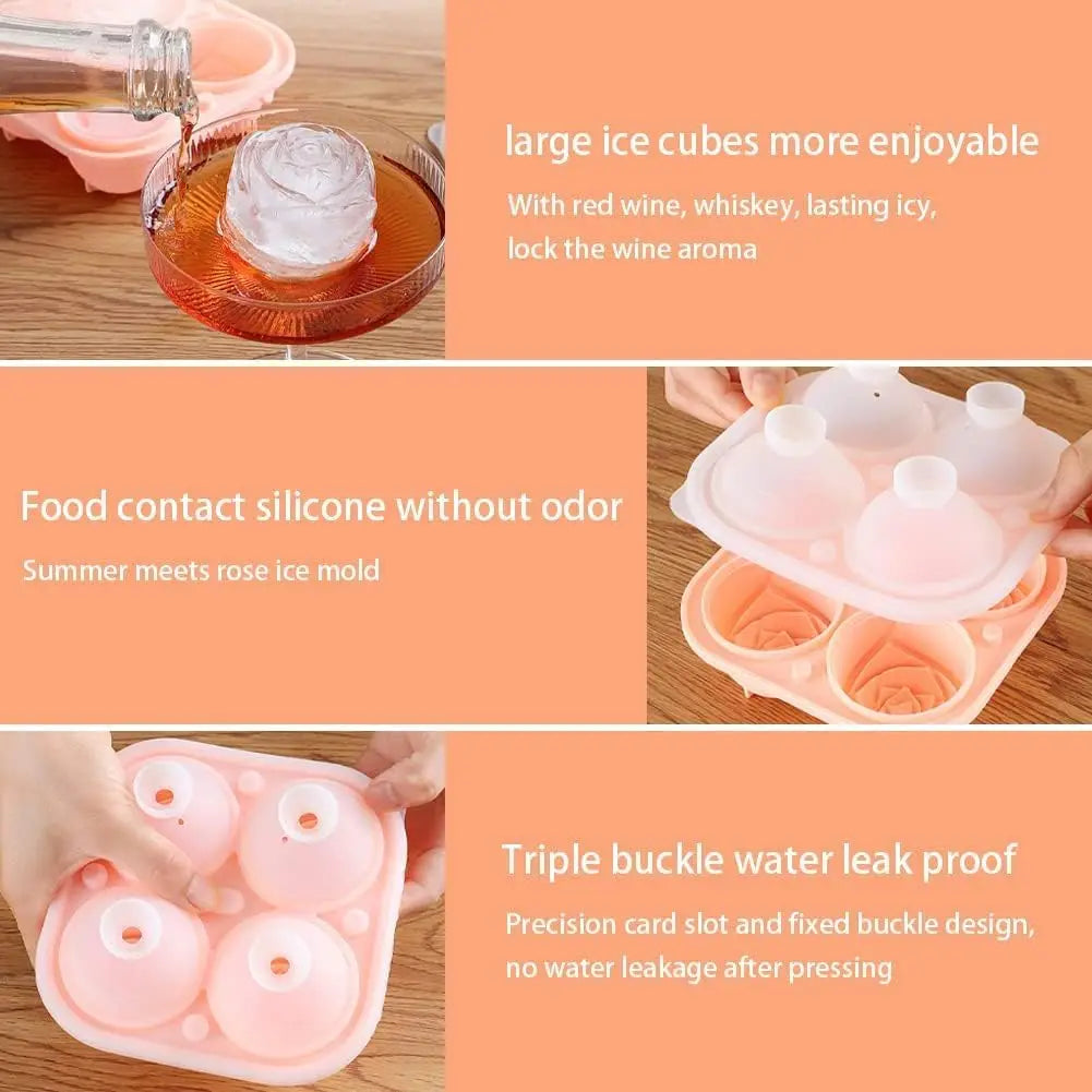 3D Rose Ice Cube Molds,Food Grade Silicone,4 Cavities Per Tray,Fun Shaped Frozen Tray,Slow Melting Ice for Whiskey,Cocktails