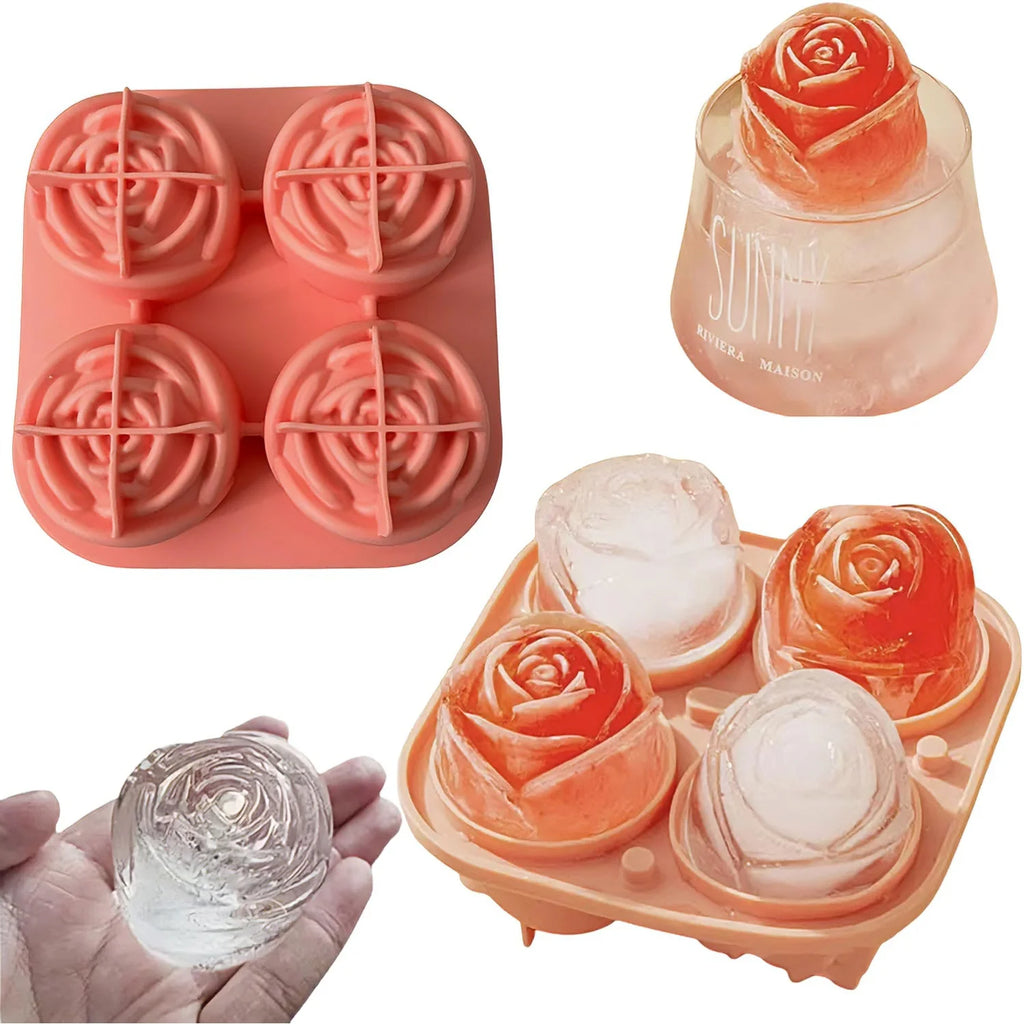 3D Rose Ice Cube Molds,Food Grade Silicone,4 Cavities Per Tray,Fun Shaped Frozen Tray,Slow Melting Ice for Whiskey,Cocktails