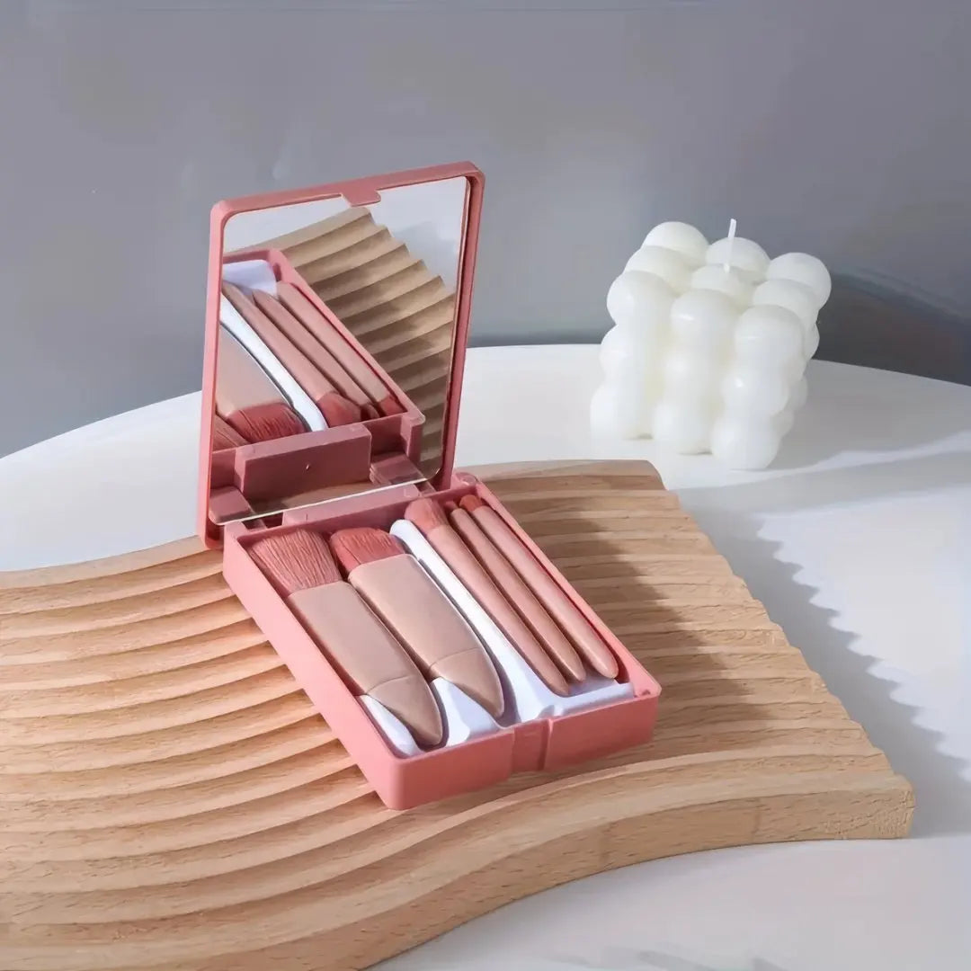 Easy-taken Travel Makeup Brush Set, COSHINE 5pcs Mini Complete Function Cosmetic Brushes Kit (5pcs with mirror)