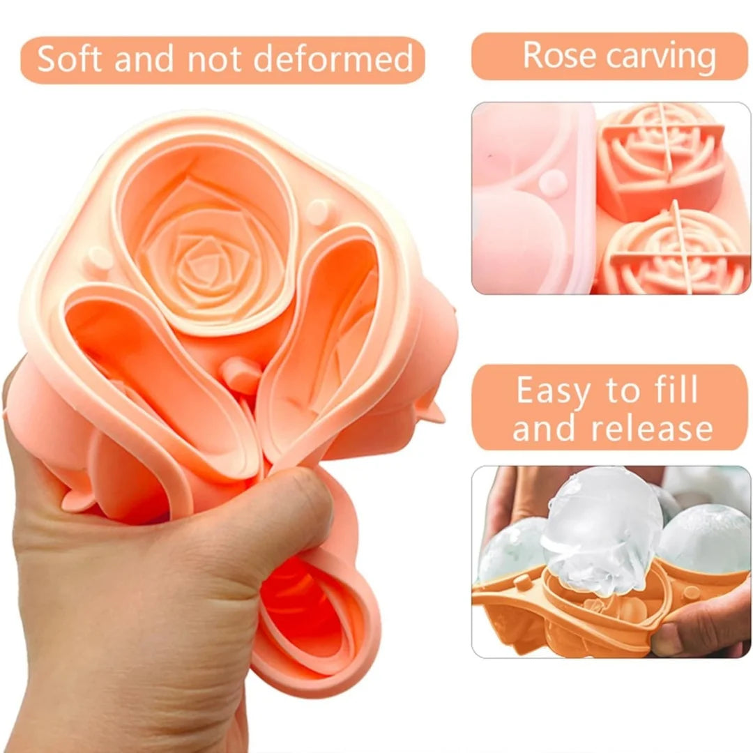 3D Rose Ice Cube Molds,Food Grade Silicone,4 Cavities Per Tray,Fun Shaped Frozen Tray,Slow Melting Ice for Whiskey,Cocktails