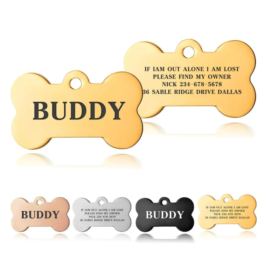 Premium Engraved Personalised Dog ID Tag Dog Name Tag Cat Puppy Name ID Bone Tag Collar Black Silver Gold Stainless Steel