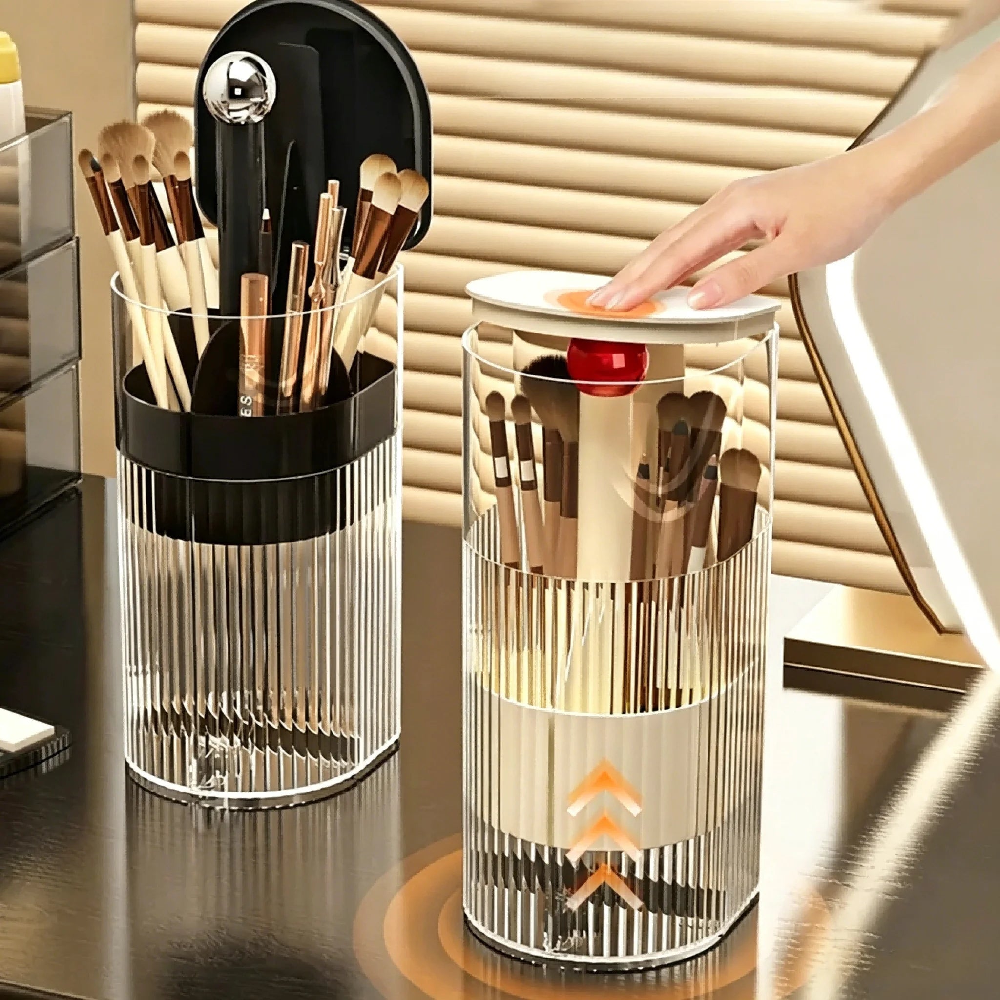 Dustproof Makeup Brush Holder with Automatic Lifting Function, Cosmetic Storage Organizer for Brushes, Lipsticks and Vanity