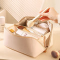 Large Capacity Waterproof Makeup Bag White Portable Spacious Organizer with Compartments Travel Cosmetic Pouch with Handle And Divider