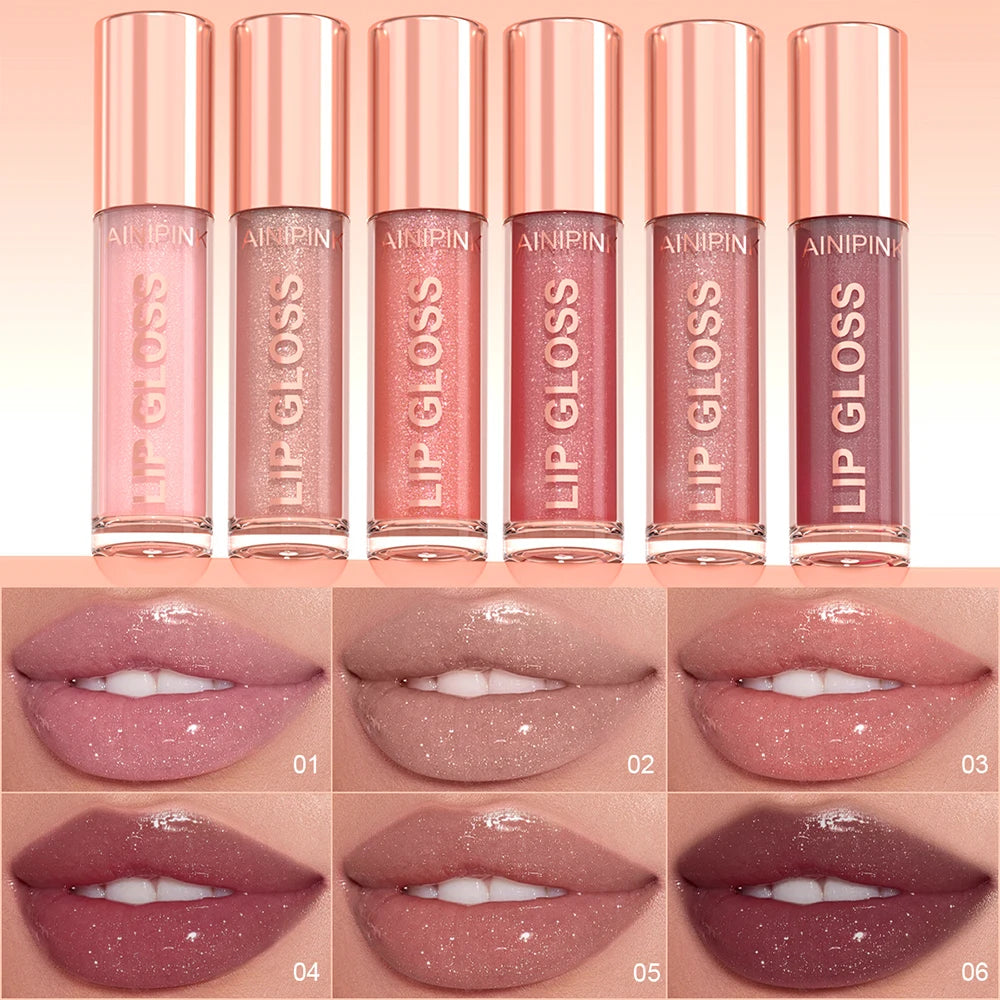 Shimmer Glitter Lip Gloss Lipstick 1pc/6pc/set Waterproof Moisturizing Jelly Hydrating Plumping Nude Y2K Daily&Party Makeup Gift