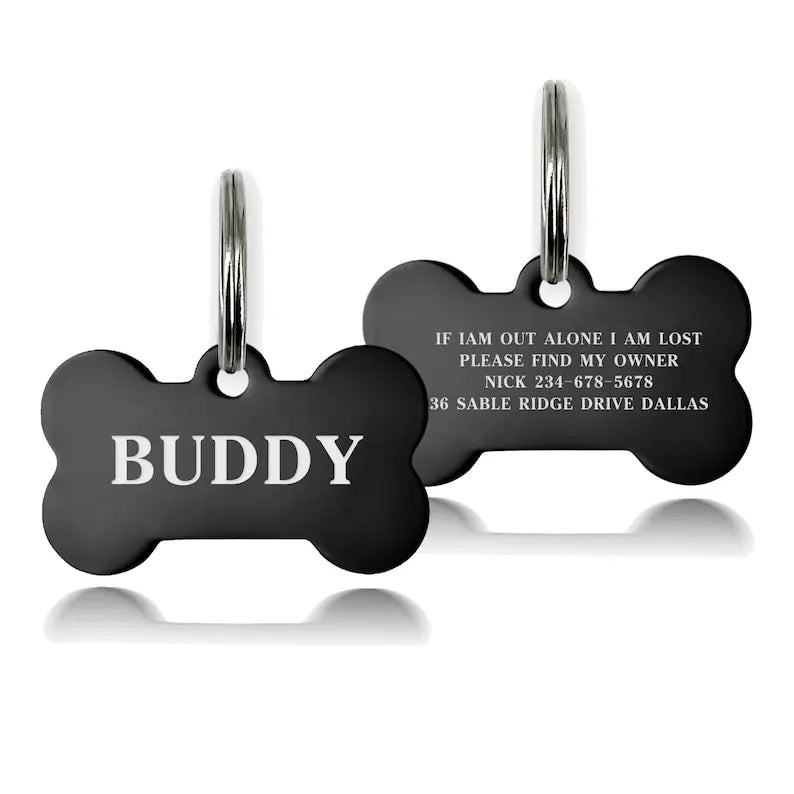 Premium Engraved Personalised Dog ID Tag Dog Name Tag Cat Puppy Name ID Bone Tag Collar Black Silver Gold Stainless Steel