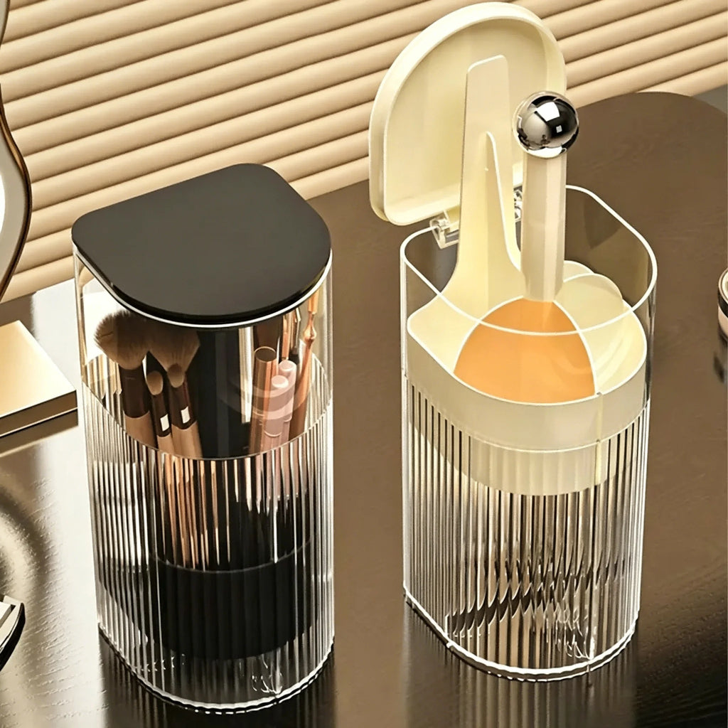 Dustproof Makeup Brush Holder with Automatic Lifting Function, Cosmetic Storage Organizer for Brushes, Lipsticks and Vanity