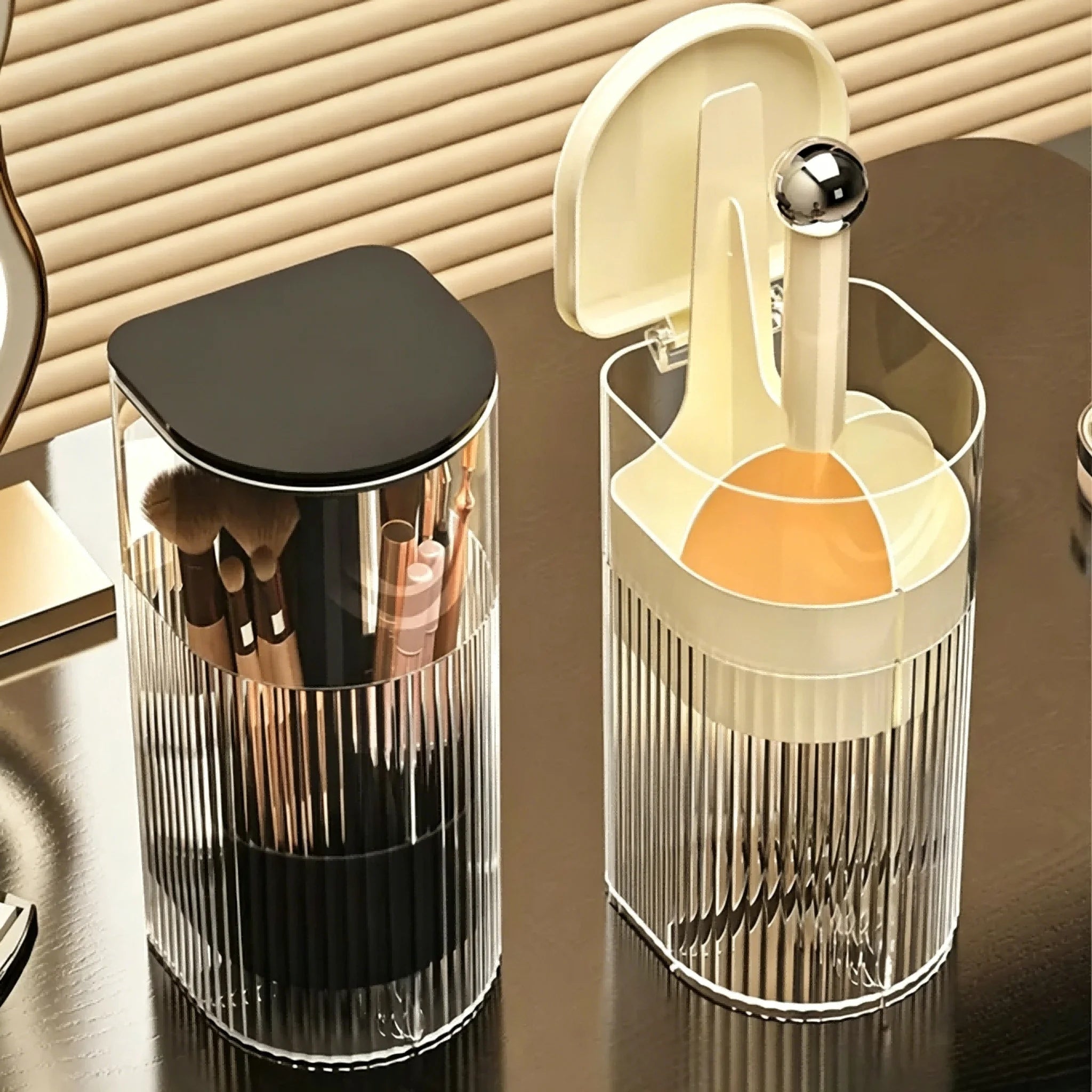 Dustproof Makeup Brush Holder with Automatic Lifting Function, Cosmetic Storage Organizer for Brushes, Lipsticks and Vanity
