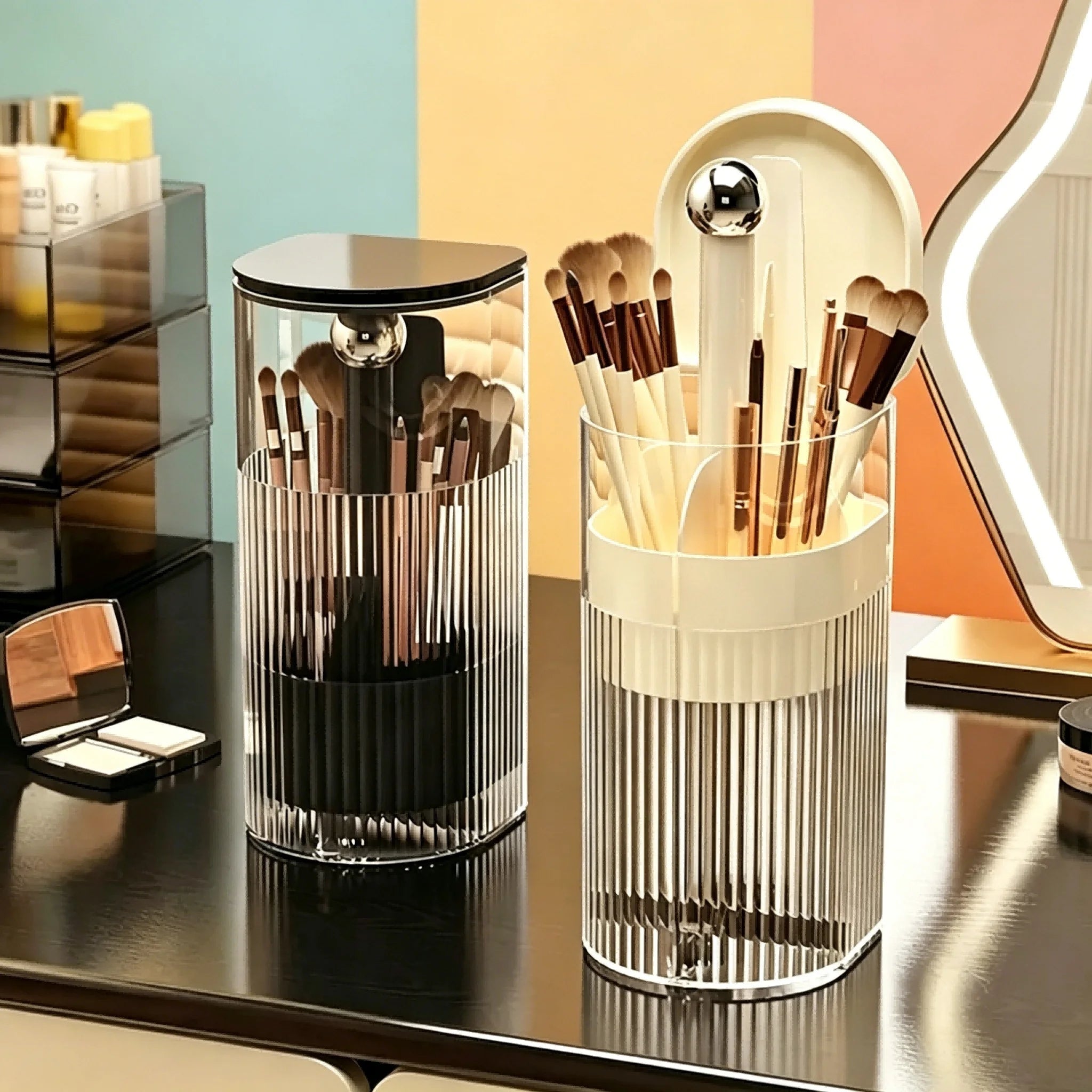 Dustproof Makeup Brush Holder with Automatic Lifting Function, Cosmetic Storage Organizer for Brushes, Lipsticks and Vanity