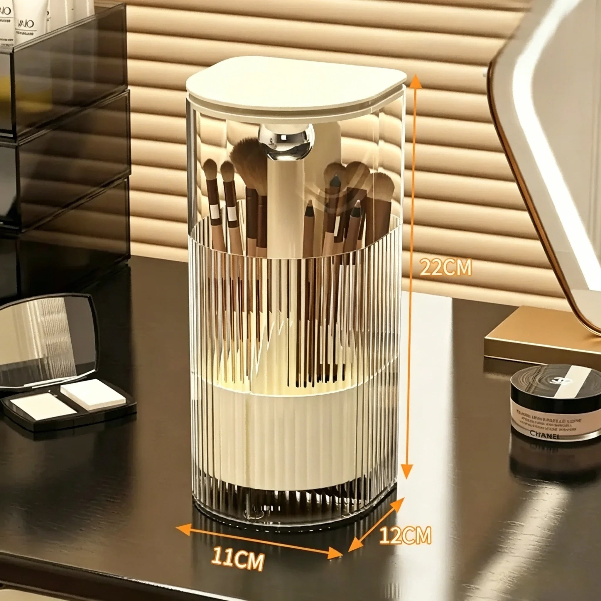 Dustproof Makeup Brush Holder with Automatic Lifting Function, Cosmetic Storage Organizer for Brushes, Lipsticks and Vanity